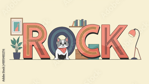 Cute dog in vinyl record 'O' of retro "ROCK" sign with decor