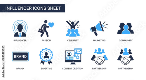 Influencer marketing concept with icons representing brand partnership and community engagement on a digital platform