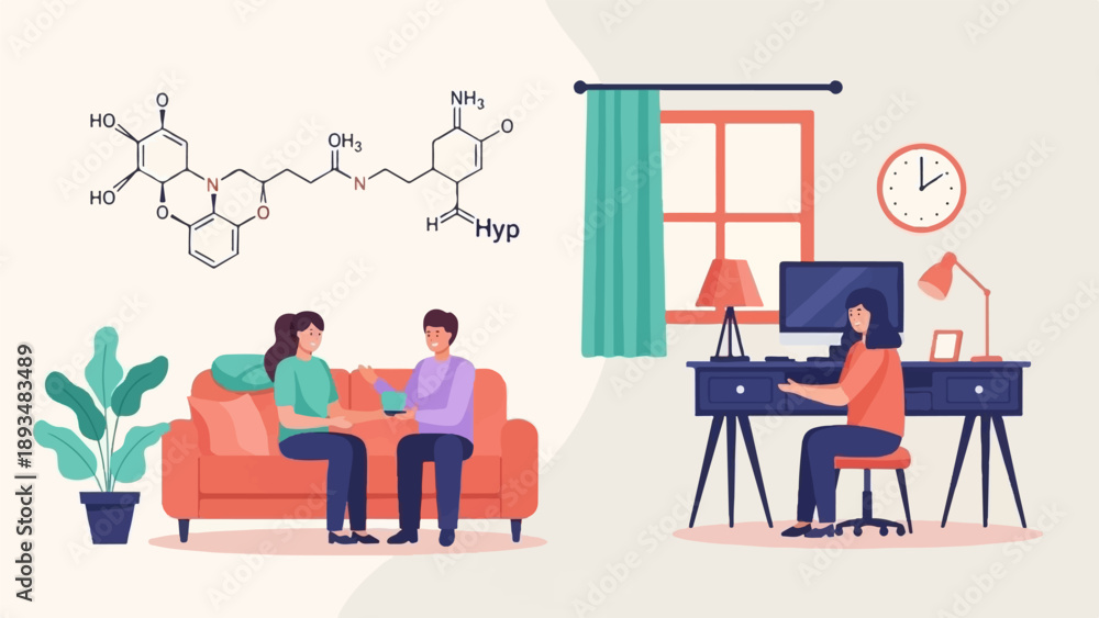 Fototapeta premium Diverse individuals engage in daily activities at home, with a molecular structure above