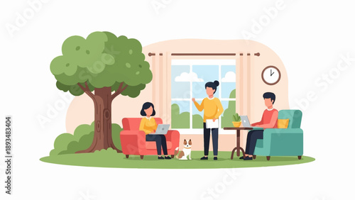 Diverse individuals collaborating and working remotely in a serene outdoor-indoor hybrid environment