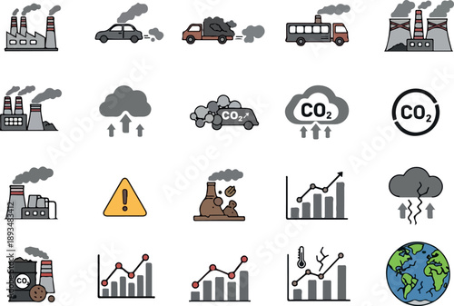 Set of icons illustrating pollution and environmental impact from industry and transportation