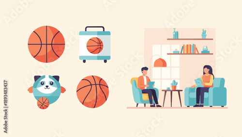 Digital art of basketballs, a panda, and people in a living room