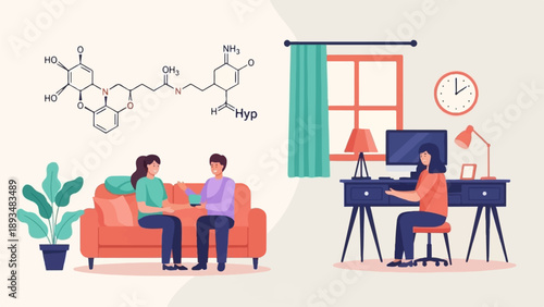 Diverse individuals engage in daily activities at home, with a molecular structure above
