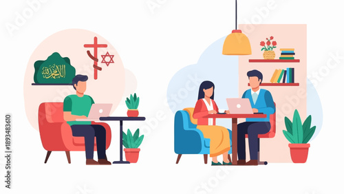 Diverse individuals use laptops in a cafe with cultural symbols