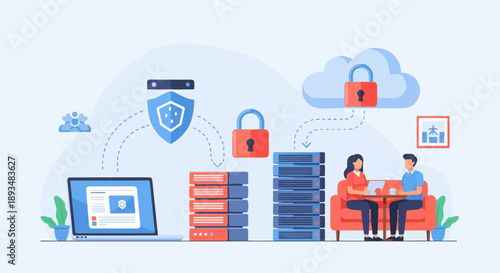 Digital data security illustrated with people, servers, and locks