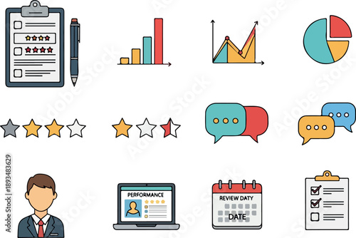 Collection of icons representing business, performance review, feedback, and data analysis