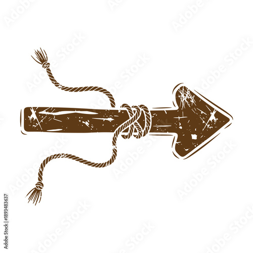 Vintage Grunge texture Brown wooden arrow sign tied with rope isolated on white background