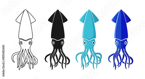 Set of squid illustrations in various colors displayed in a row, premium file (206).eps