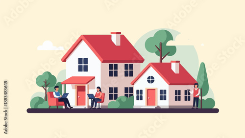 Diverse individuals work remotely from their suburban homes surrounded by greenery