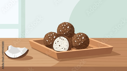 Delicious chocolate balls filled with rice are presented on a wooden tray with a coconut slice