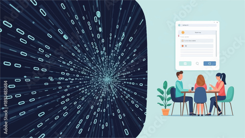 Digital data stream converges with people collaborating around a table