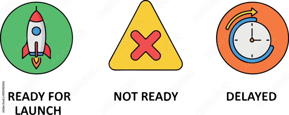 Obraz premium Set of icons representing project status Ready for Launch, Not Ready, and Delayed