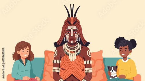 Diverse people and a small dog gathered together on a sofa