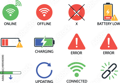 Set of 12 essential digital status icons for online, offline, charging, battery low, error, updating, and connected devices