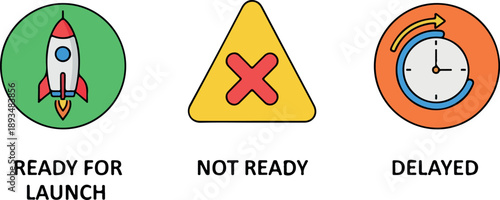Set of icons representing project status Ready for Launch, Not Ready, and Delayed