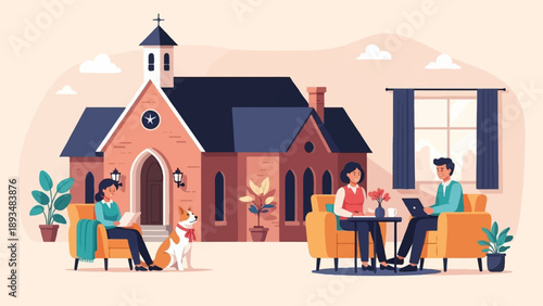 Diverse people and pet relax near a church, a dog waits patiently