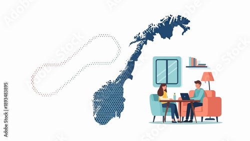 Digital Norway map with people working remotely in a home office setting