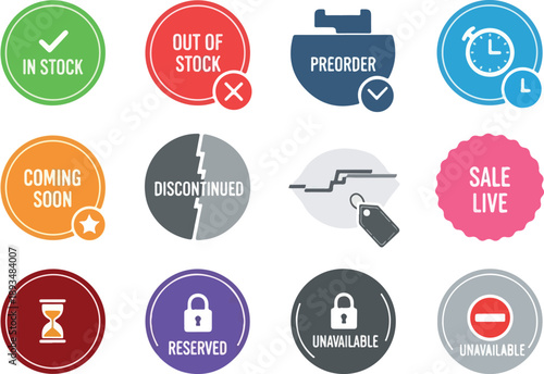 Collection of e-commerce status icons indicating product availability and sale information