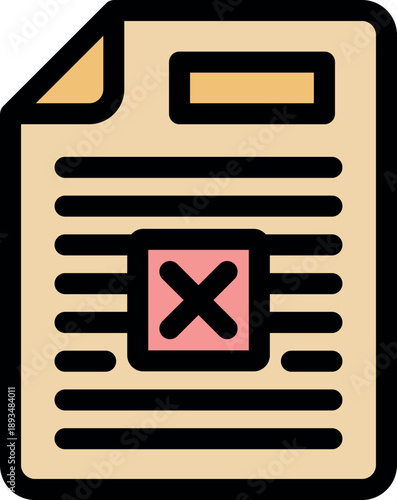Simple rejected document icon with a pink cross mark, symbolizing deletion, error, or disapproval