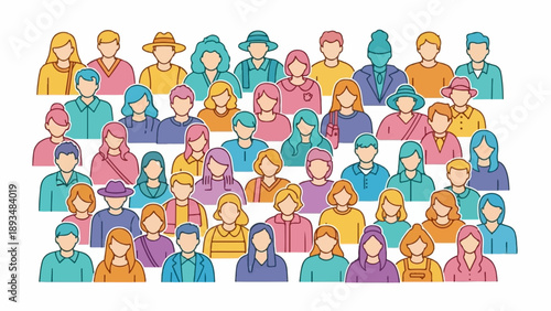 Diverse group of stylized people in a crowd, depicted with colorful outlines