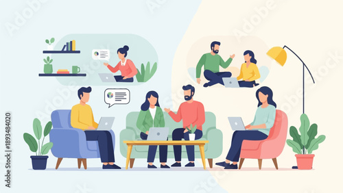 Diverse people collaborating remotely on laptops in cozy indoor settings