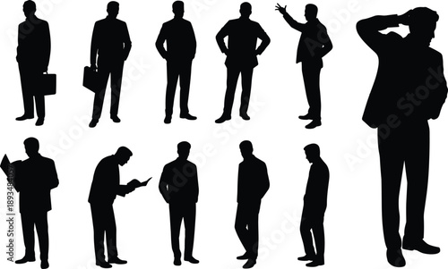 Businessman silhouette illustration set featuring professional male executives standing and gesturing in office poses, black human figures for corporate leadership, management, and workplace concepts