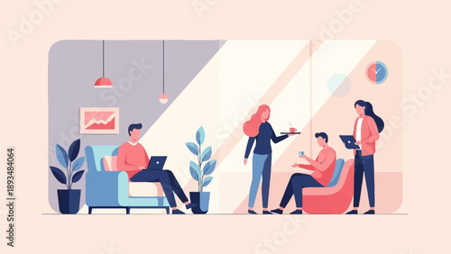 Diverse group working and relaxing in a modern, bright office space