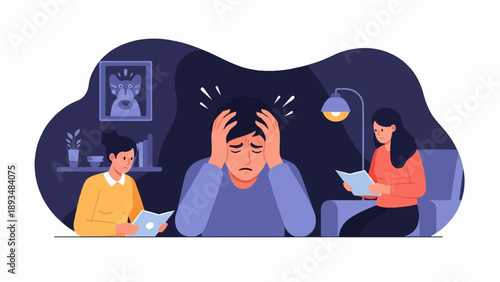 Distressed man with hands on head, two women read nearby, dark room