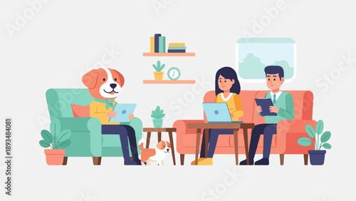 Diverse group working on laptops and tablets in a cozy living room setting