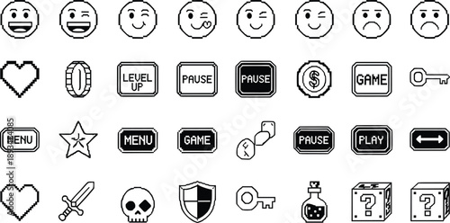 Pixel game including faces hearts buttons and emojis