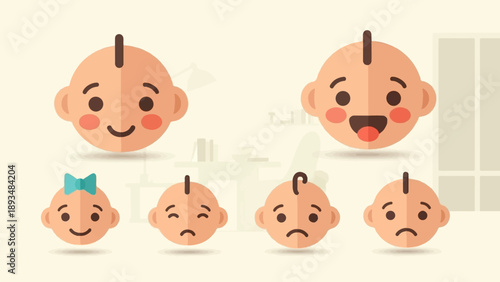 Diverse baby faces showing various emotions, flat illustration style