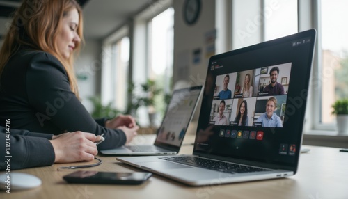 Group Video Conference with Multiple Participants on Laptop Screen