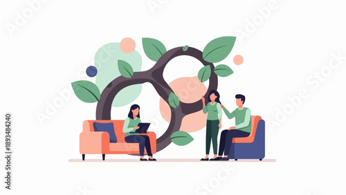 Diverse people interacting near a stylized tree with soft background shapes