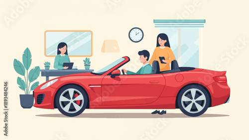 Diverse people interact with a sleek red convertible sports car in an indoor setting