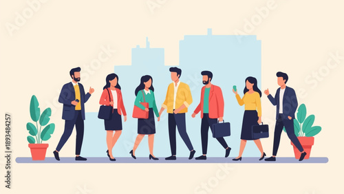 Diverse business people walk in a minimalist urban setting with abstract buildings