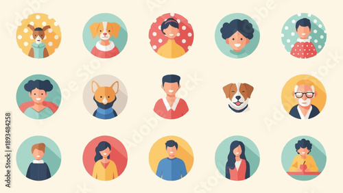 Diverse cartoon avatars of people and dogs in circular frames