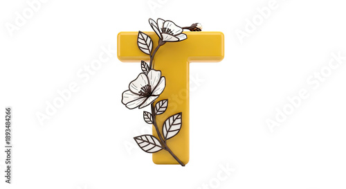 Yellow Letter T with White Floral Embellishments