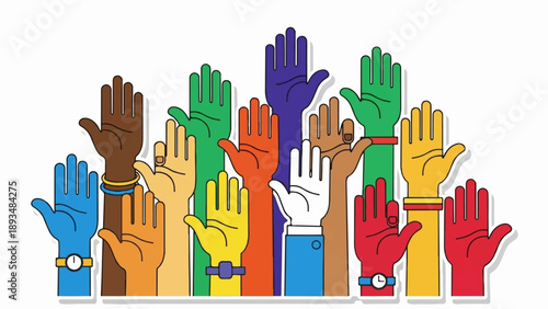 Diverse hands raised in a colorful display of unity and participation