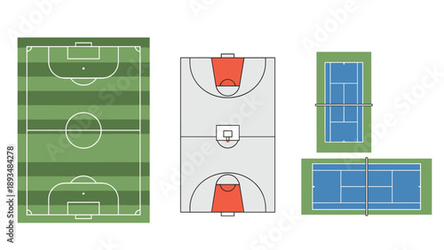 Comparison of sports field layouts showing top-down views of a soccer pitch, basketball court, and tennis court for planning.