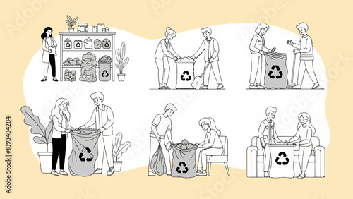 Diverse people participating in recycling and waste management activities