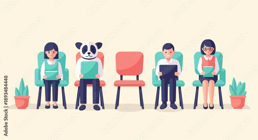 Fototapeta premium Diverse individuals and a panda sit waiting in chairs, holding tablets