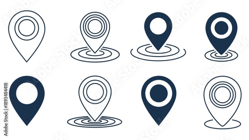 Collection of different map location pin icons in various styles including solid, outlined, and concentric circle designs for navigation.