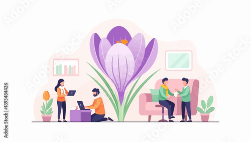 Diverse people work and relax around a large purple flower in a modern room