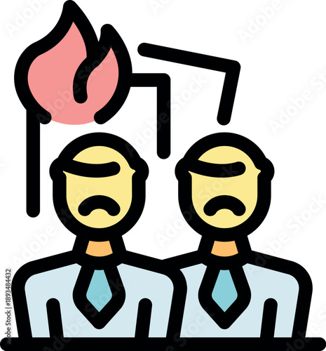 Two businessmen are suffering burnout from work stress, symbolized by a flame and a falling graph