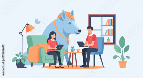 Diverse people work on laptops near large animal in cozy home setting