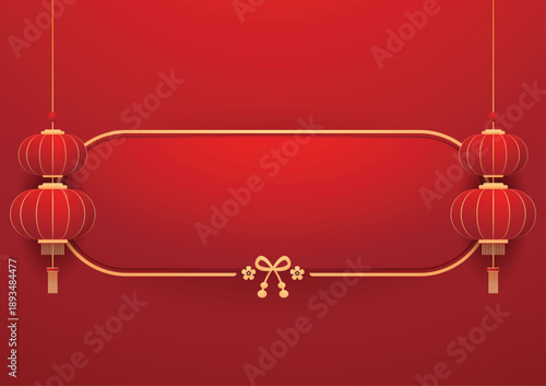 Happy Chinese new year 2026. Chinese new year banner for show product. Greeting card. China frame with lantern on red background.