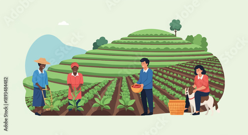 Diverse individuals and dog working and tending to crops on terraced fields