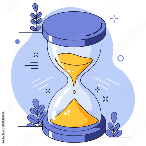 Blue hourglass with flowing sand on light blue background