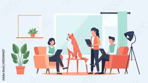 Diverse individuals collaborate and relax with a pet dog in a cozy indoor workspace