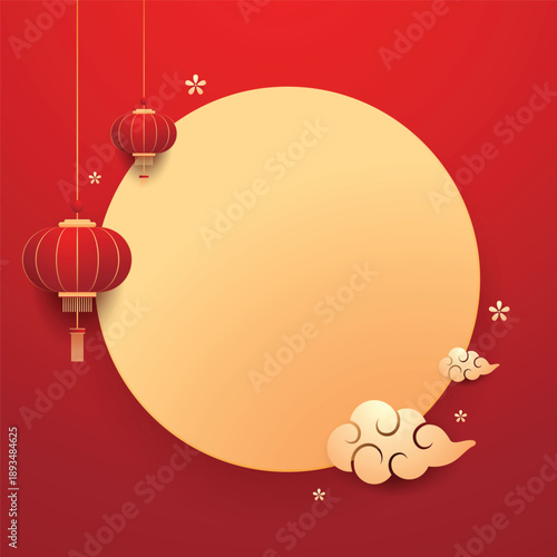 Happy Chinese new year 2026. Chinese new year banner for show product. Greeting card. China frame with lantern on red background.